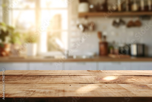 Wooden table top with blurred kitchen background