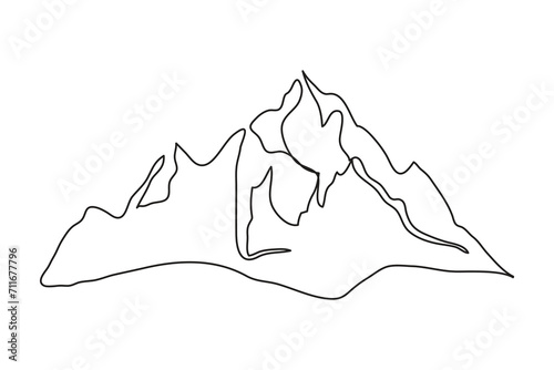 mountain range continuous One line drawing. Simple line drawing of mountains and sun. Modern one line nature illustration 