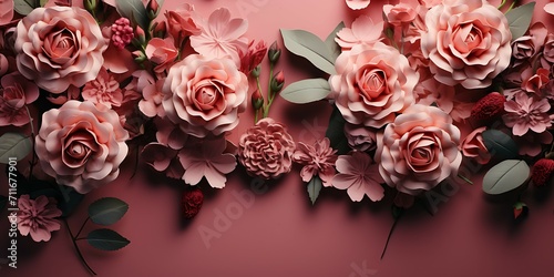 Banner made of rose flowers on pink background