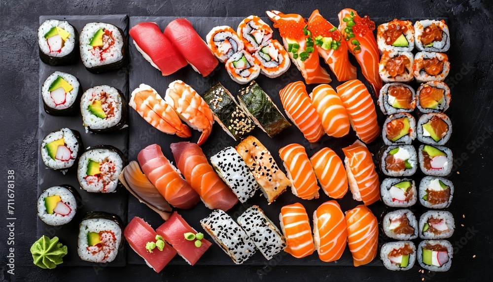 Japanese food photography. Nigiri, Sashimi, Maki, and Uramaki sushi.