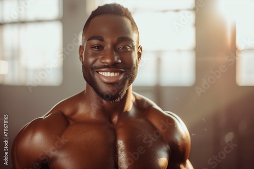 Portrait men healthy body weak smile in joy, in white gym background 