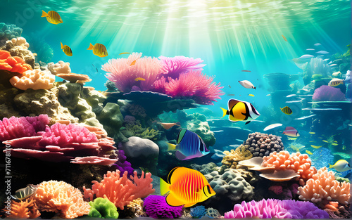 Stunning underwater landscape with a variety of fish and coral reefs 