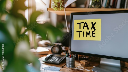 Sticky note with "TAX TIME" written on it attached to a computer screen in a modern home office generative ai