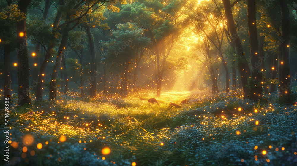 A mystical forest bathed in the glow of enchanted fireflies, with ancient ruins peeking through the foliage.