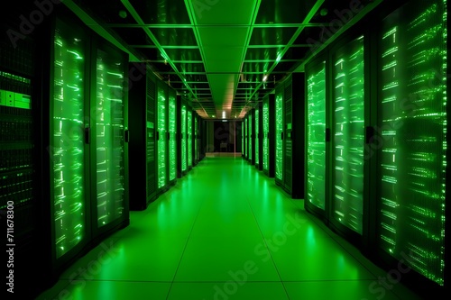 Futuristic server room with green lights
