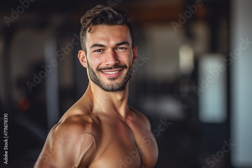 Portrait men healthy body weak smile in joy, in white gym background 