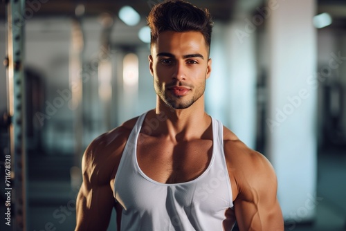 Portrait men healthy body weak smile in joy, in white gym background 
