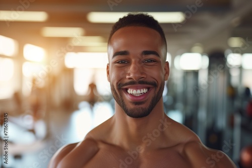 Portrait men healthy body weak smile in joy, in white gym background 