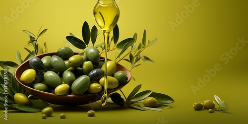 Green and yellow olives in bowl with olive oil on yellow background