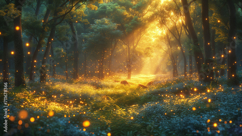 A mystical forest bathed in the glow of enchanted fireflies, with ancient ruins peeking through the foliage. © NoOneSaid