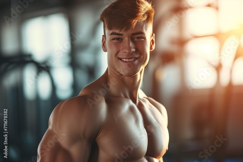 Portrait men healthy body weak smile in joy  in white gym background 