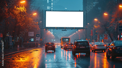 A large billboard on a busy city street corner, blank or isolated for advertising mockups, with cars and pedestrians in the background. photo