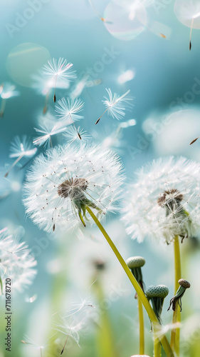 Dandelion seed head dispersing seeds into the wind natural background