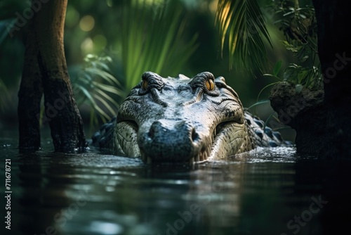 American crocodile in Cuban mangrove forest.