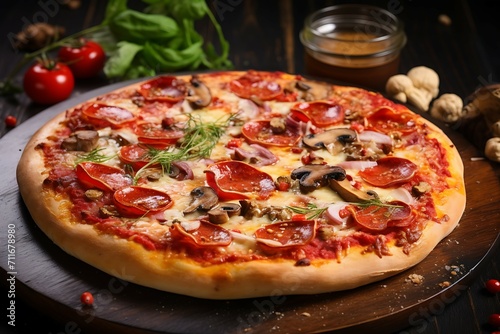 Traditional Italian Pizza with mozzarella, tomatoes and salami over wooden background