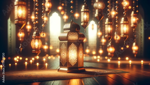Experience the Eid Mubarak Radiance with this Ramadan Lantern Glow Background, perfect for Greeting Cards, Wallpapers, Banners, and Presentations. © Aksaka