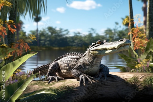 Freshwater crocodile basking near lily pads in Australian lake. photo