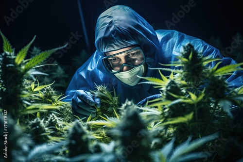 An agronomist inspects marijuana bushes grown in a greenhouse. photo
