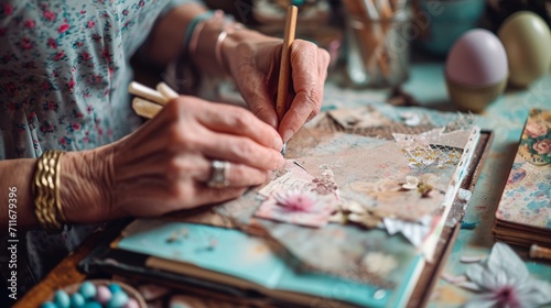An image of a woman's hands working on an Easter scrapbook in close-up, keeping memories of the joyous occasion