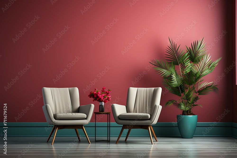 Interior of modern living room with gray armchair, table and lamp. 3d render