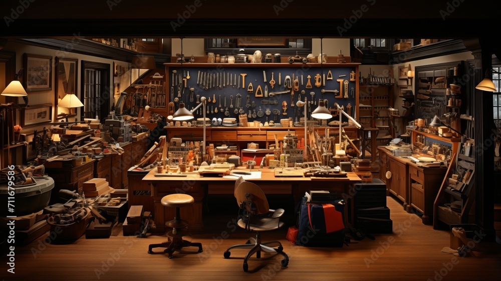 Carpentry tools  artfully arranged on wooden workbench, exuding masterful craftsmanship