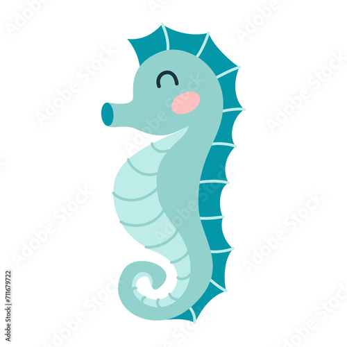 Cartoon hand drawn happy baby sea horse on isolated white background. Character of the sea animals for the logo, mascot, design.
