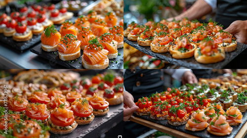 Mini canapes, snacks, and appetizers. Seafood, delicacies, restaurants, and special events.