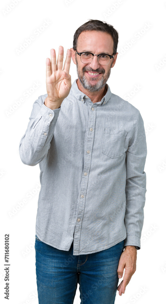 Handsome middle age elegant senior man wearing glasses over isolated background showing and pointing up with fingers number four while smiling confident and happy. Handsome middle age elegant senior man wearing glasses over isolated background showing and pointing up with fingers number four while smiling confident and happy.