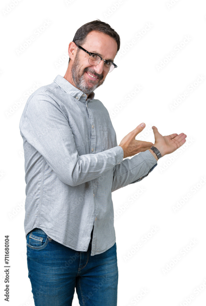 Handsome middle age elegant senior man wearing glasses over isolated background Inviting to enter smiling natural with open hand