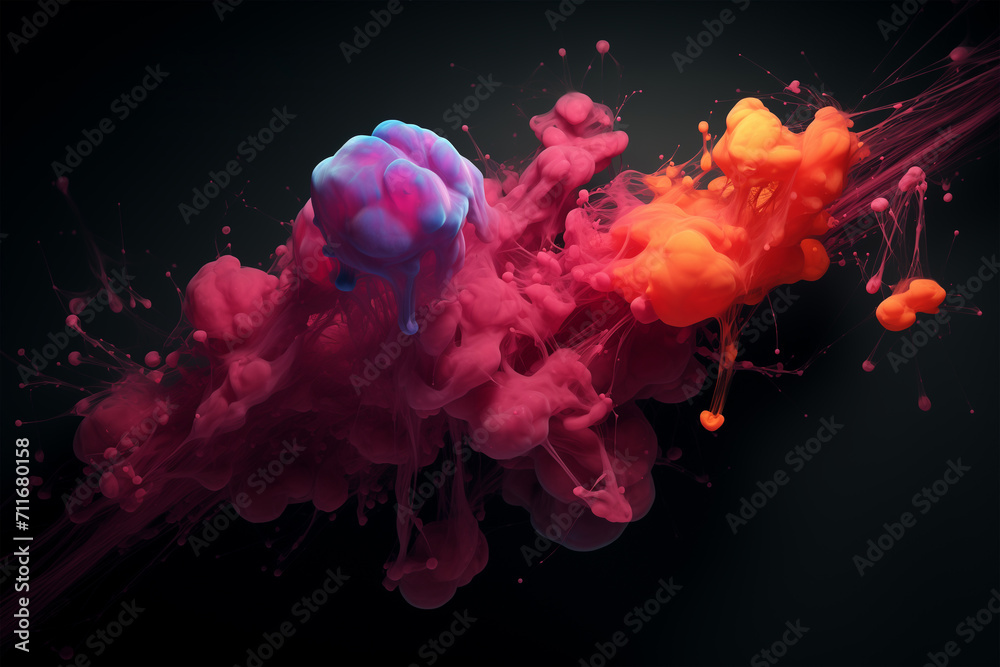 Abstract, watery, fluid, and colorful shapes, with black background.