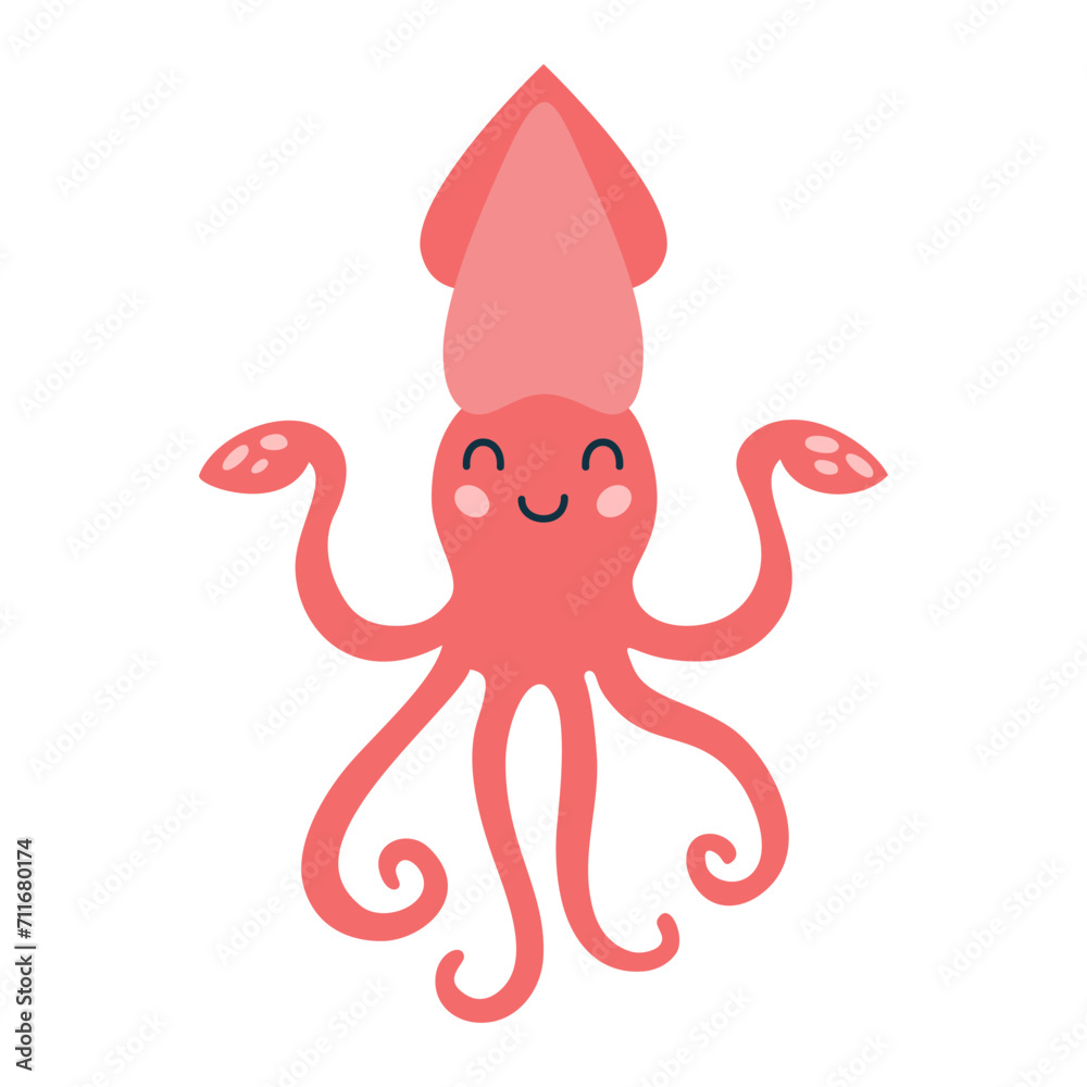 Cartoon hand drawn happy baby squid on isolated white background. Character of the sea animals for the logo, mascot, design. Cartoon hand drawn happy baby squid on isolated white background. Character of the sea animals for the logo, mascot, design.