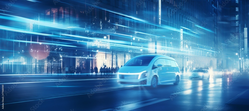 Fototapeta premium Blurred bokeh with automotive technology and electric car charging stations, adding depth to design