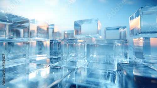 3D abstract background of reflective blue glass cubes with copy space