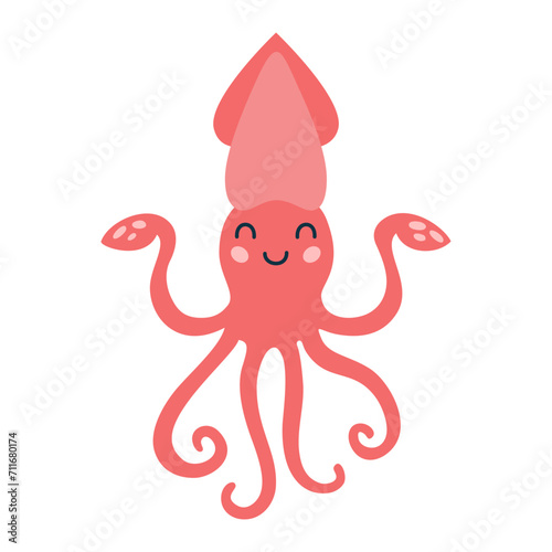 Cartoon hand drawn happy baby squid on isolated white background. Character of the sea animals for the logo, mascot, design.