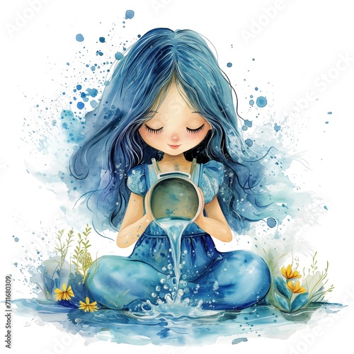 Zodiac sign aquarius - cute girl with amphora - watercolor illustration photo