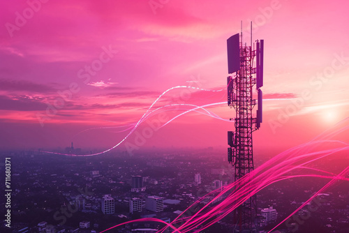 Communication tower with pink digital waves at sunset photo