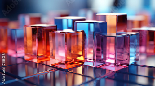 3D abstract background of reflective multicolor glass cubes with copy space