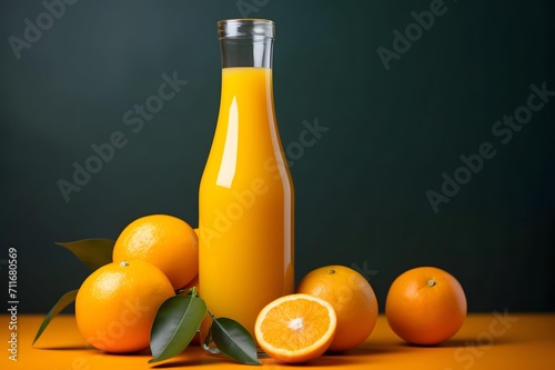 Fresh orange juice in a glass bottle with fresh oranges