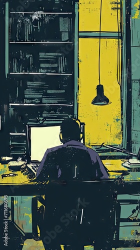 Muted Risograph Illustration of a Man looking at his Computer Screen in Yellow and Greyish Colors created with Generative AI Technology