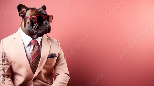 dapper canine  stylish dog in sunglasses and suit on pink background with copy space © Ilja
