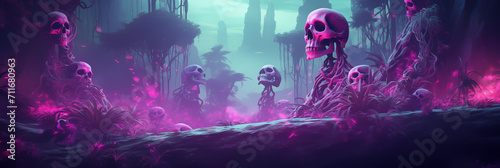 Awesome view with many skull on the background with neon color style look, Illustration