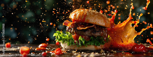 Burger with dynamic sauce splash and flying ingredients on dark background photo