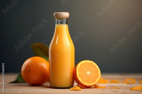 Fresh orange juice in a glass bottle with fresh oranges