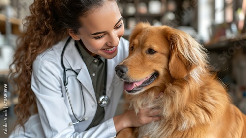 A female vet nurse examining a happy dog in a veterinary clinic for animal health checkup