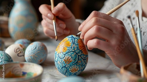Close-up of a woman painting delicate patterns on Easter eggs with precision