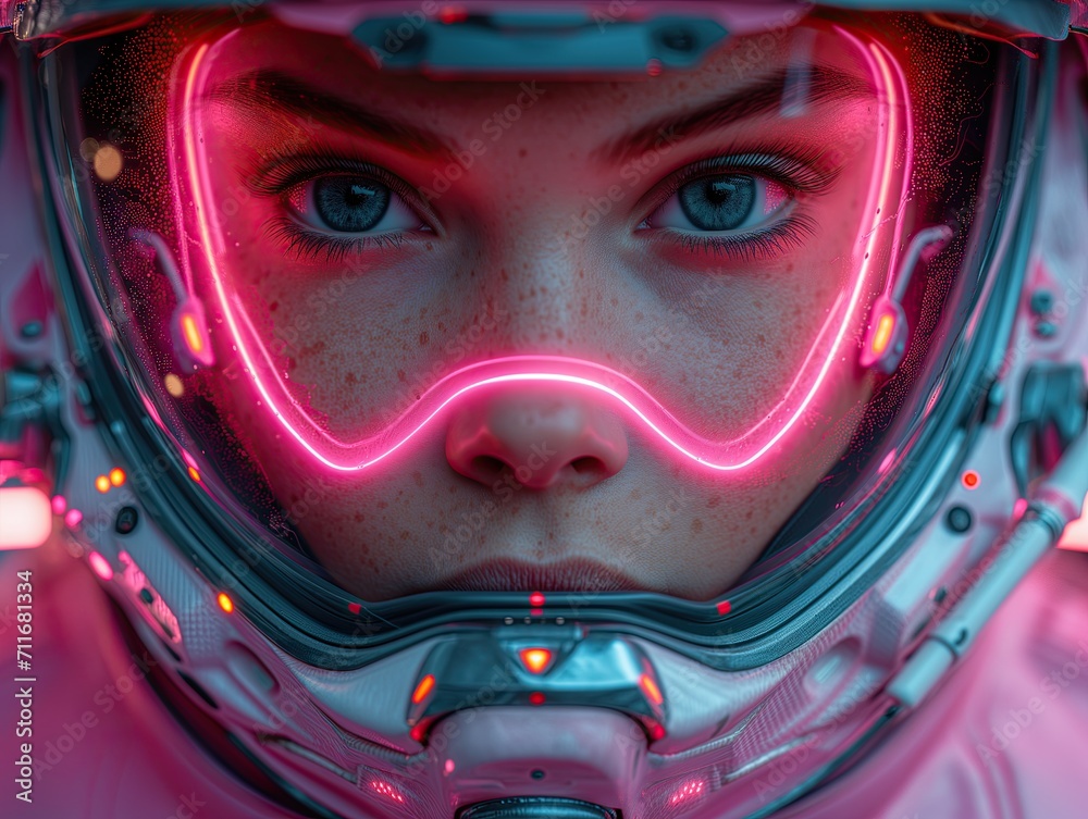 A close up digital portrait of a girl in a space helmet, futuristic, pink neon glow, blue eyes, freckles A close up digital portrait of a girl in a space helmet, futuristic, pink neon glow, blue eyes, freckles