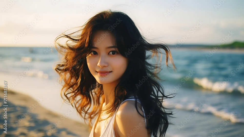 Portrait of young beautiful asian woman on the beach at sunset