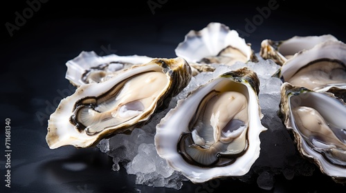 Fresh oysters served on ice, close up, copy space