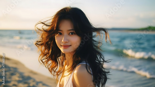 Portrait of young beautiful asian woman on the beach at sunset