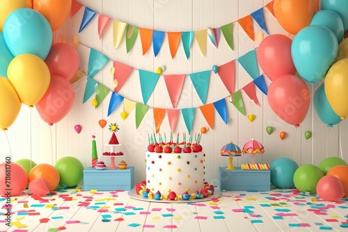birthday Party,Party items and table items in a room decorated with balloons,3d,render 3d photo